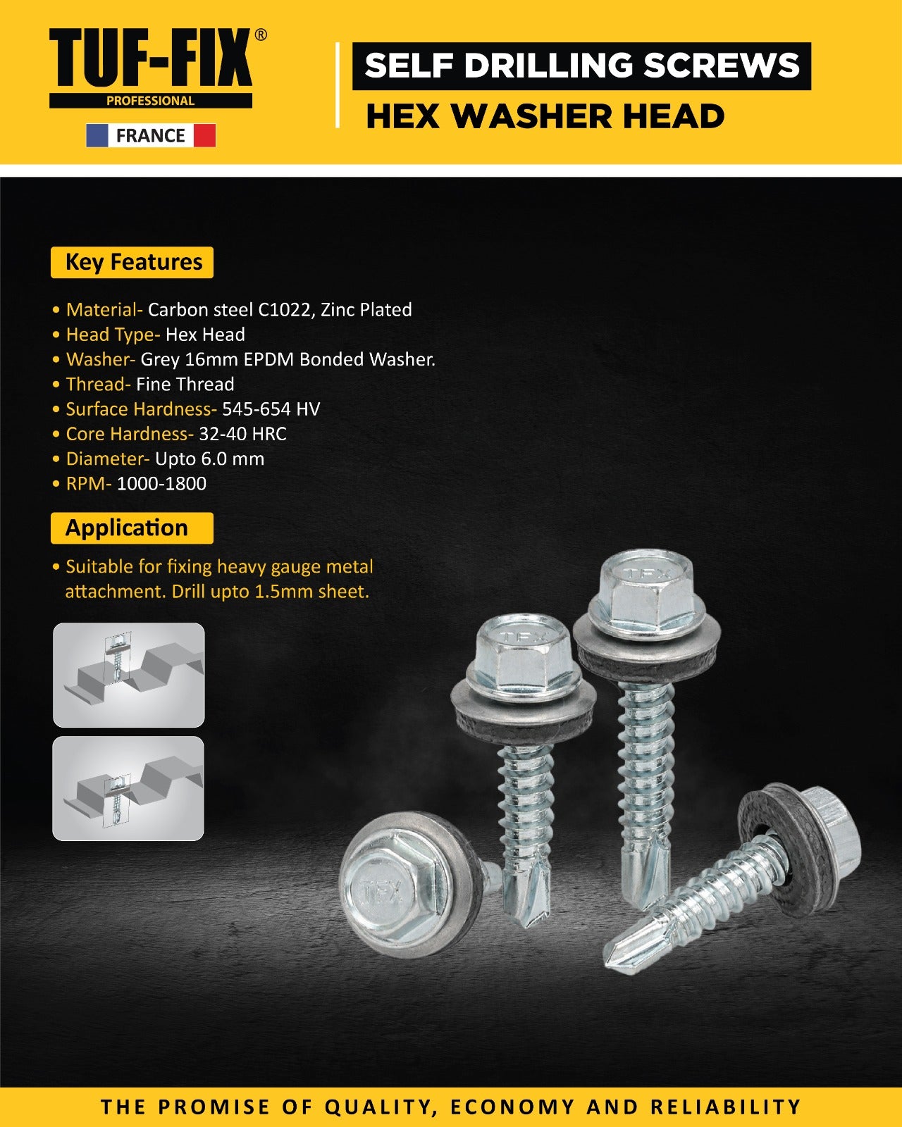 TUF-FIX self-drilling screws with hex washer head on a dark background