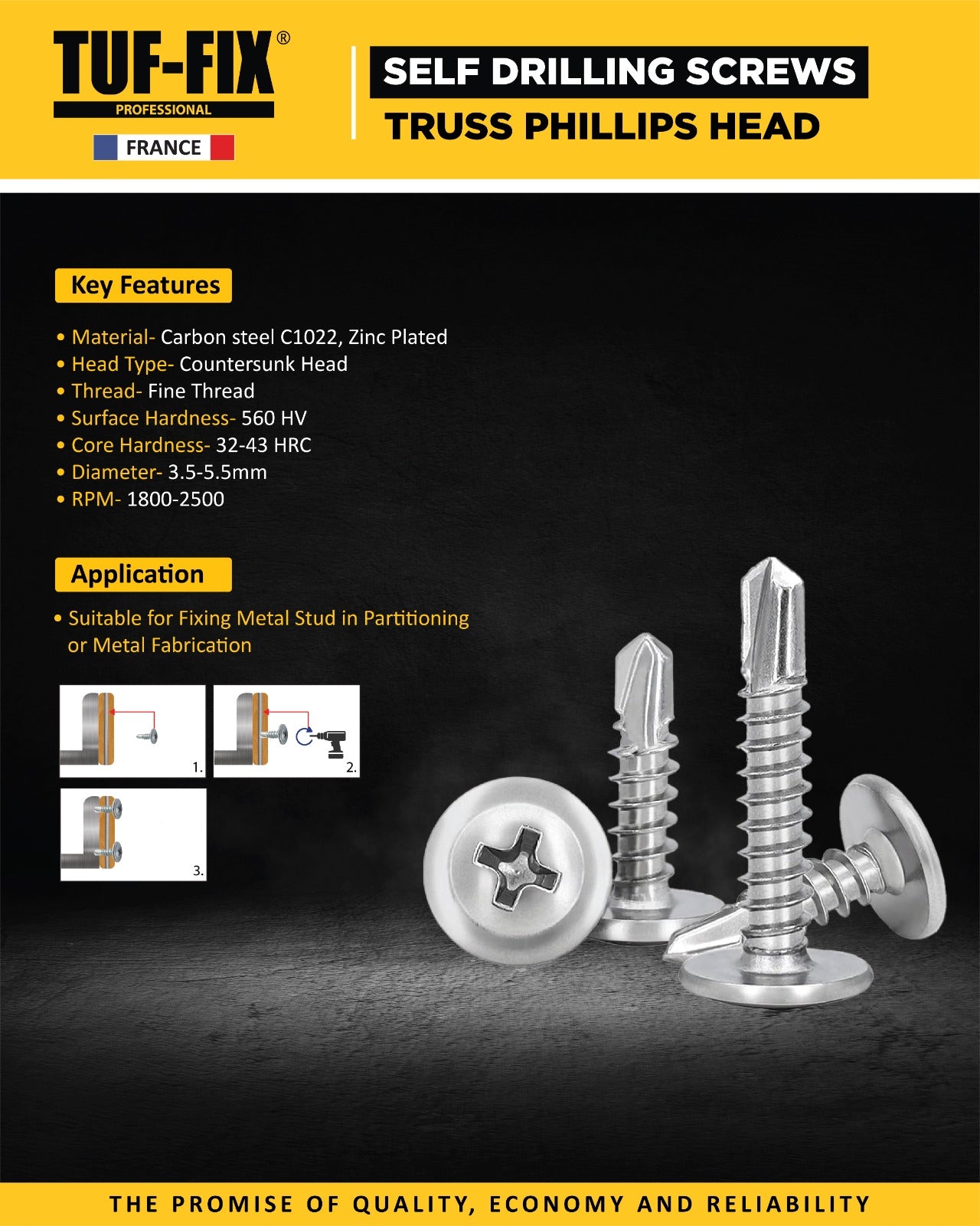 TUF-FIX self-drilling screws with key features and applications on a dark background