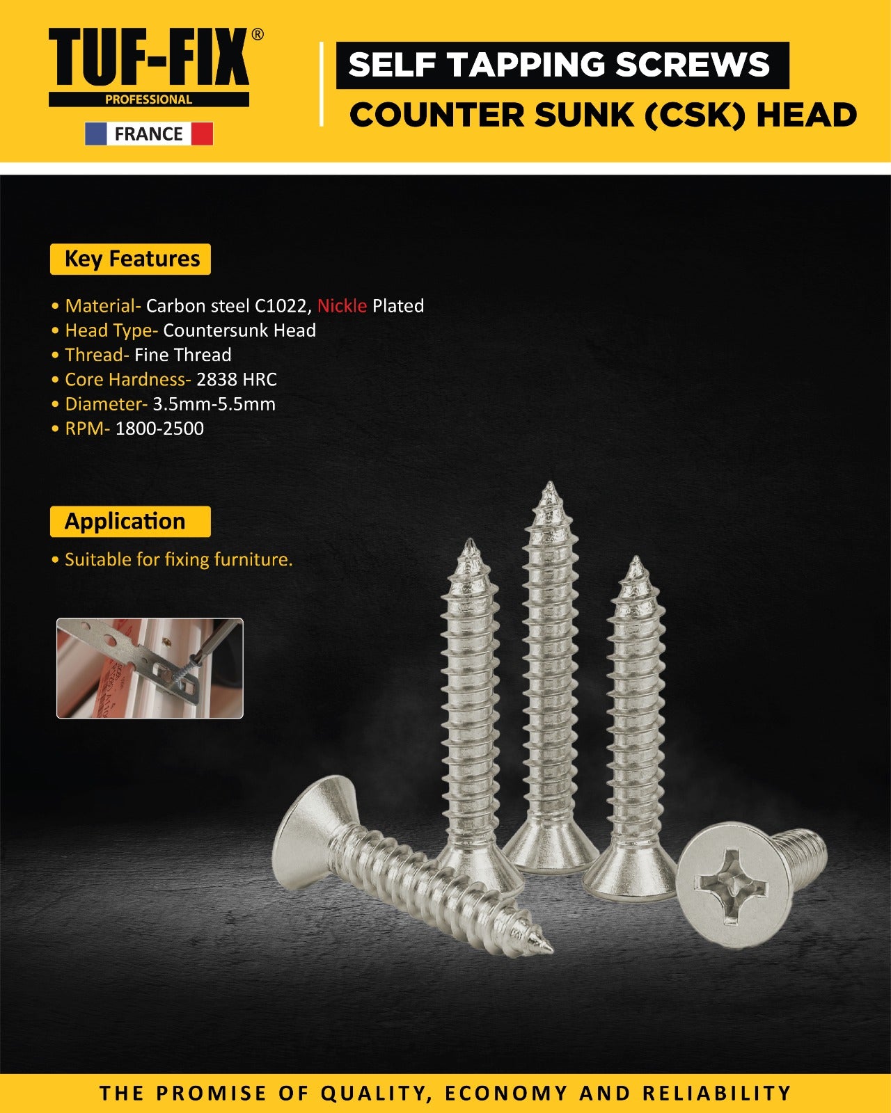 TUF-FIX self-tapping screws with key features and application details on a dark background.