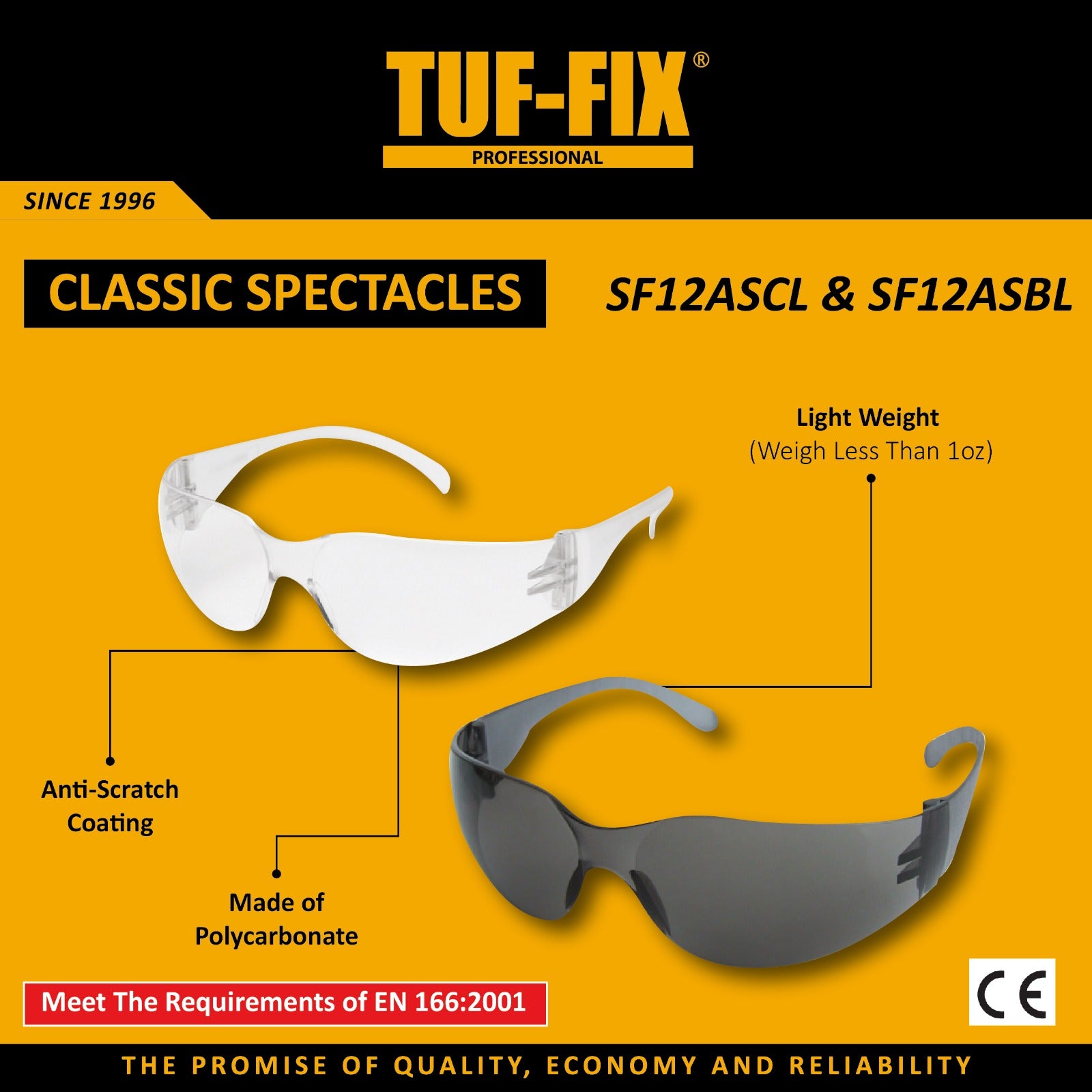 TUF-FIX classic spectacles with white and black frames on a yellow background