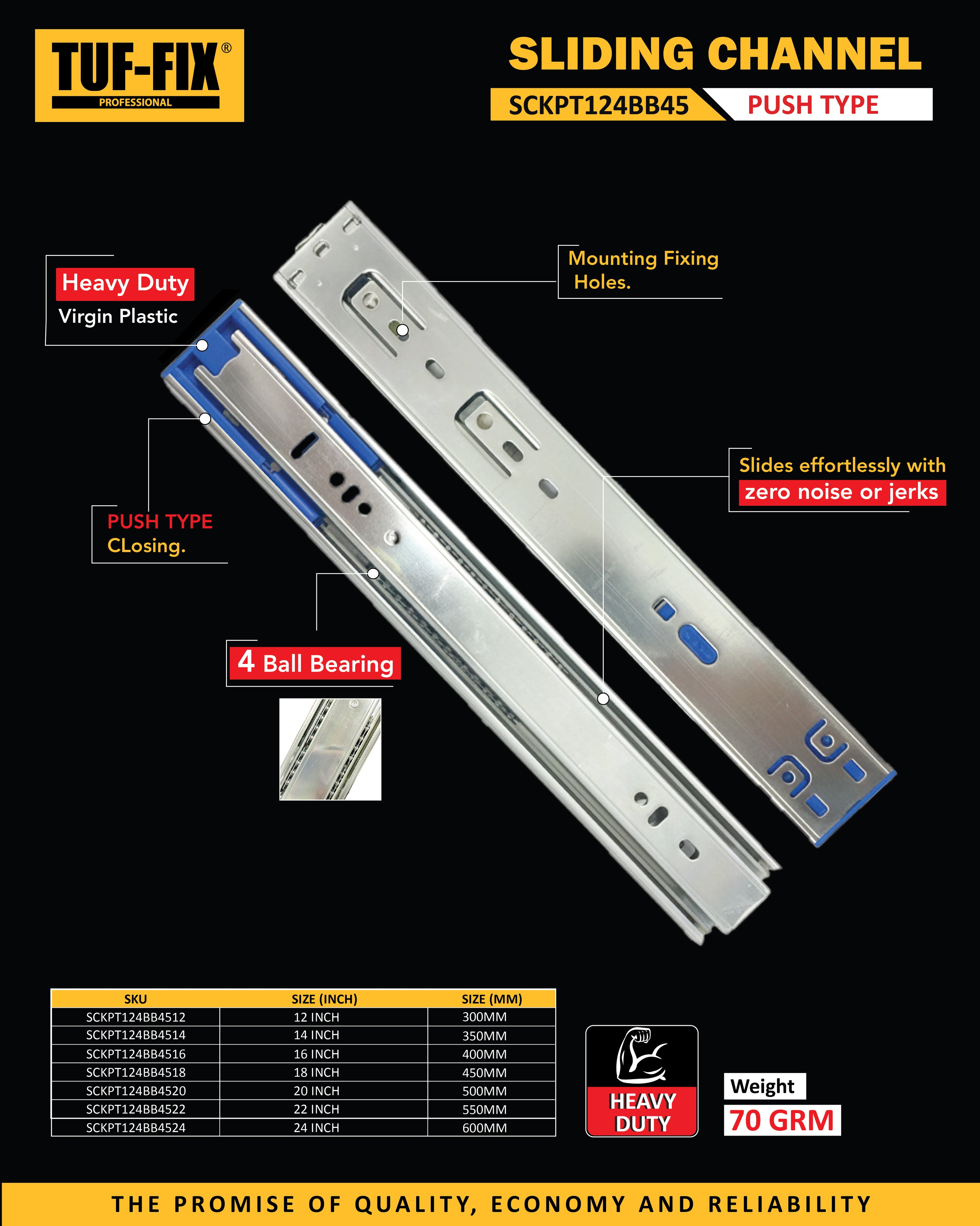 TUF-FIX sliding channel with features and specifications on a black background