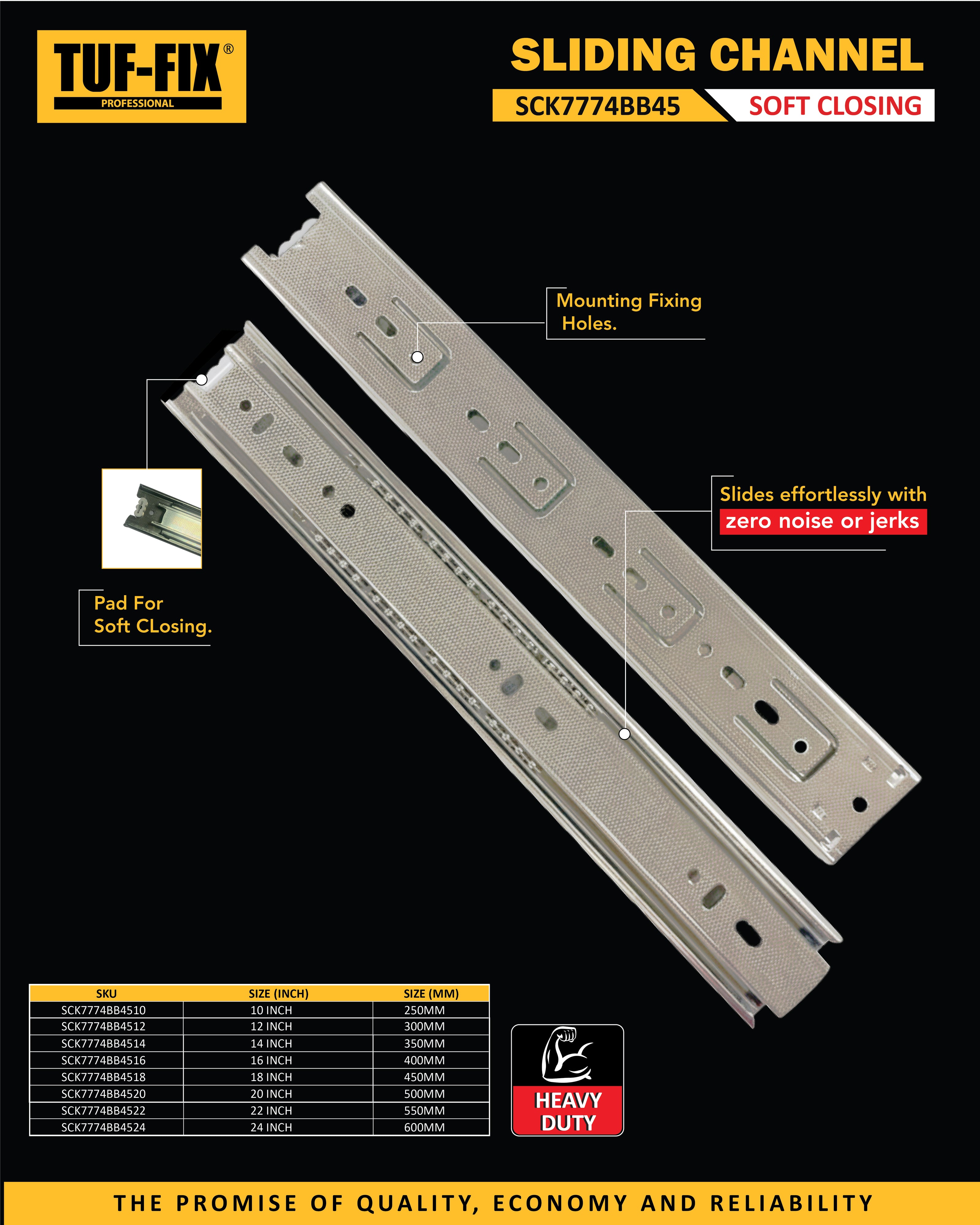 TUF-FIX sliding channel with features highlighted on a black background