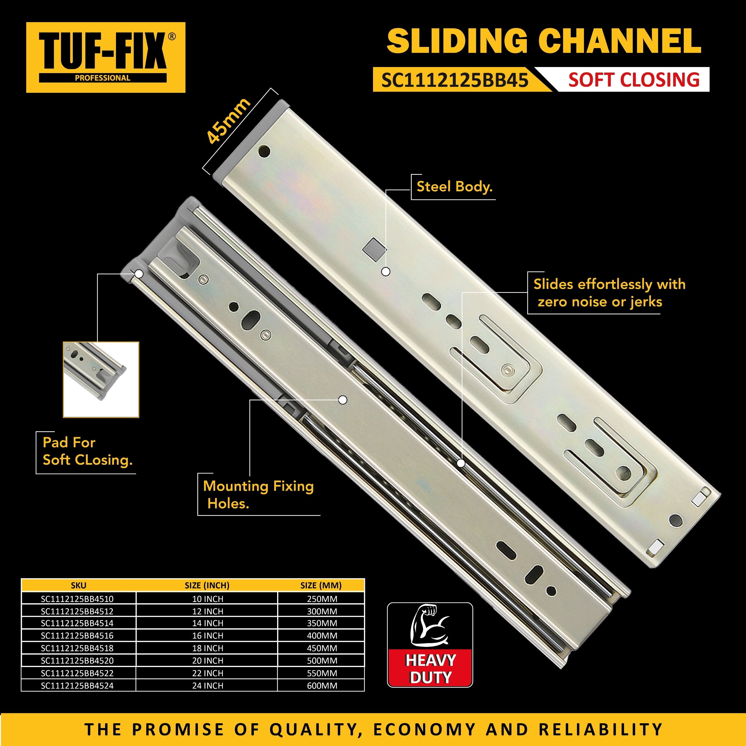 TUF-FIX sliding channel with features highlighted on a black background