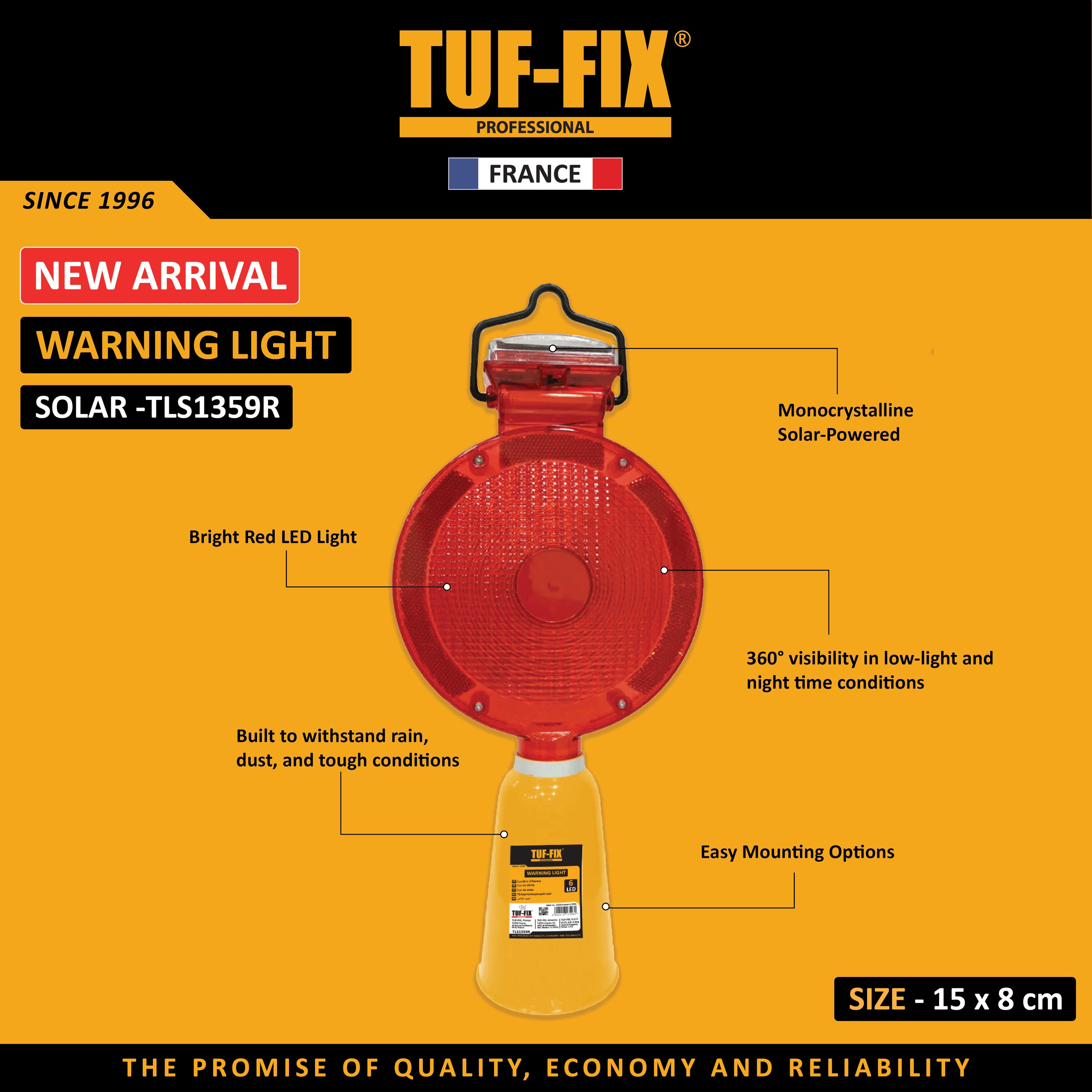 TUF-FIX warning light with features on a yellow background