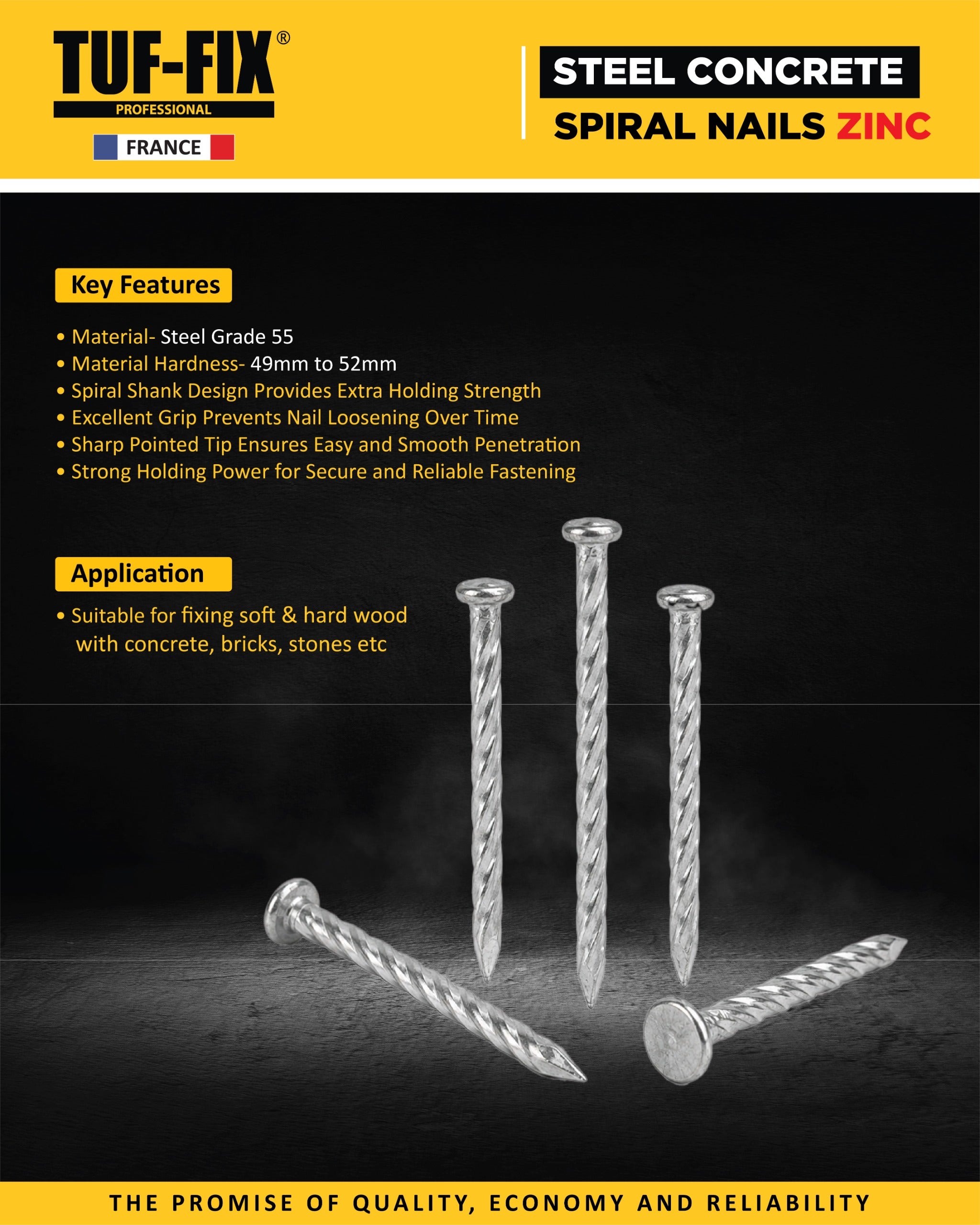 Advertisement for TUF-FIX Steel Concrete Spiral Nails Zinc with product details on a dark background.