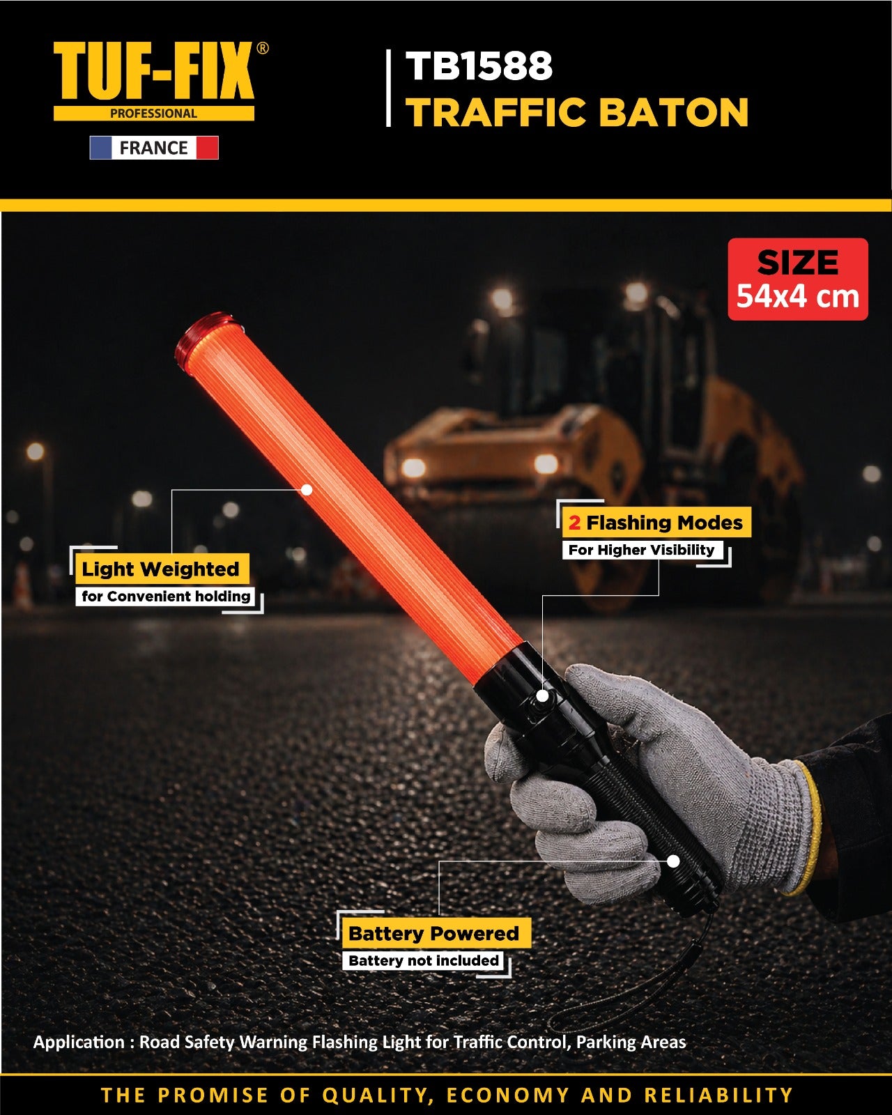 TUF-FIX traffic baton with features highlighted on a dark background