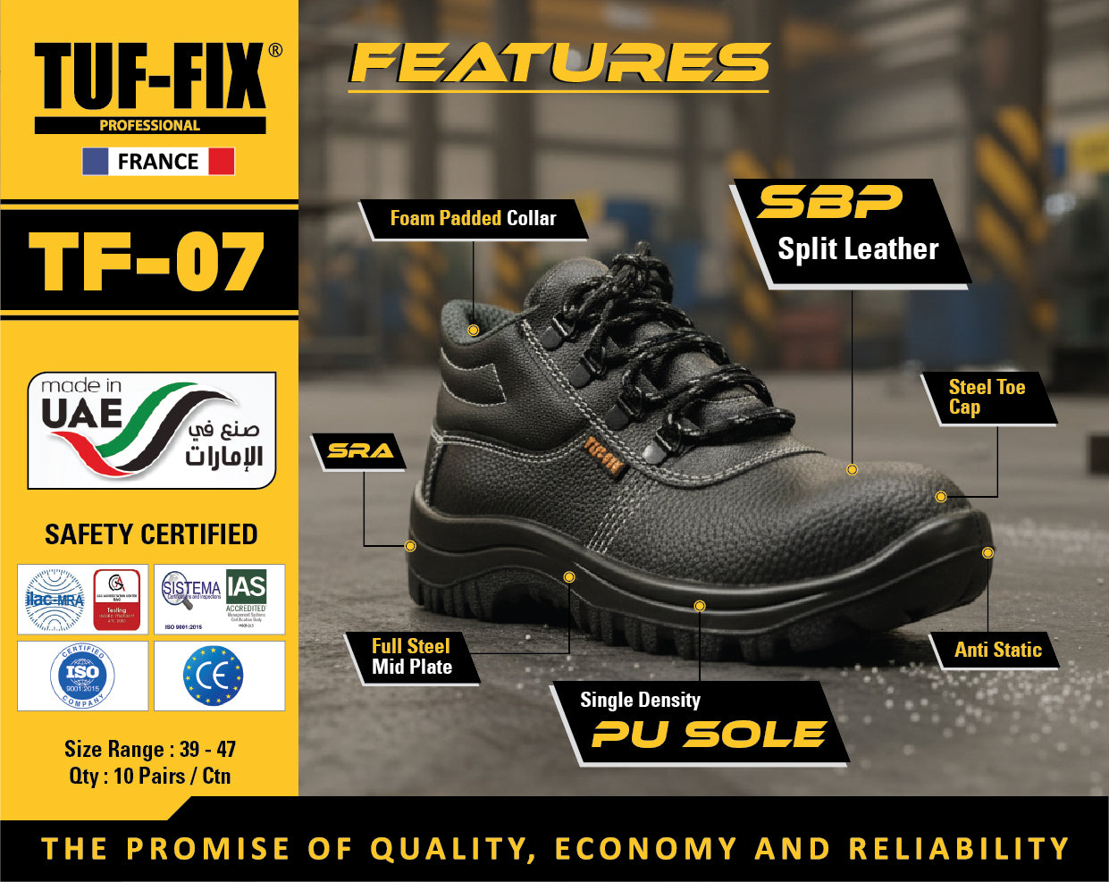 Black safety shoe with features highlighted on a yellow and black background, featuring TUF-FIX branding.