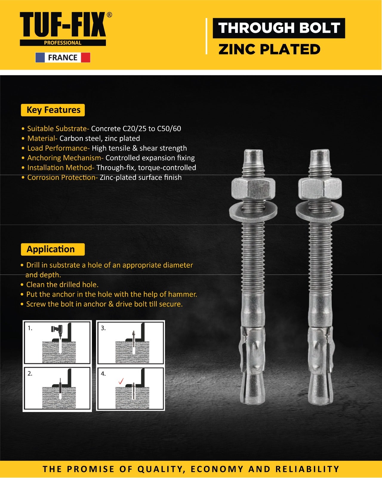 TUF-FIX through bolt with key features and installation instructions on a black and yellow background.