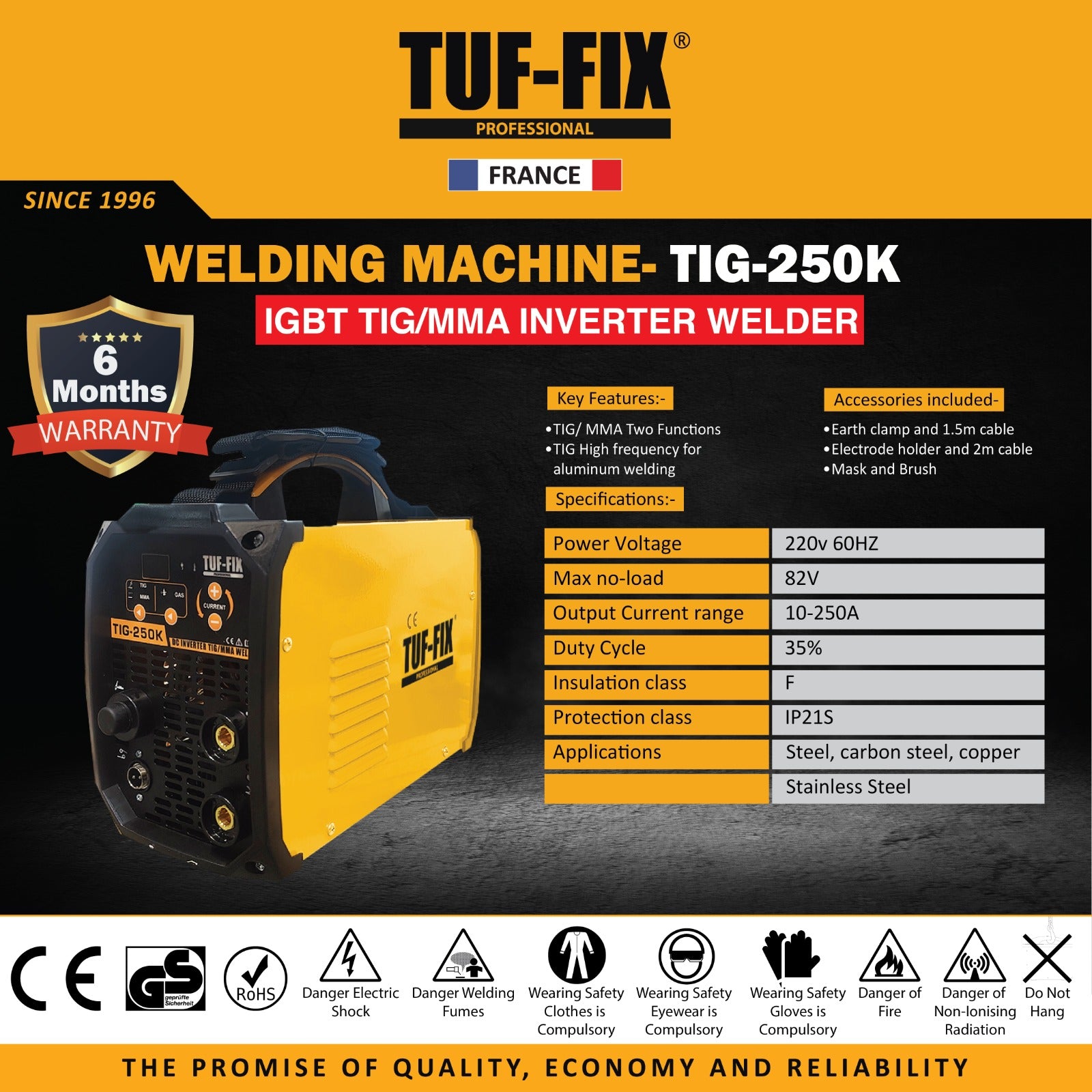 TUF-FIX welding machine TIG-250K with specifications and features on a dark background