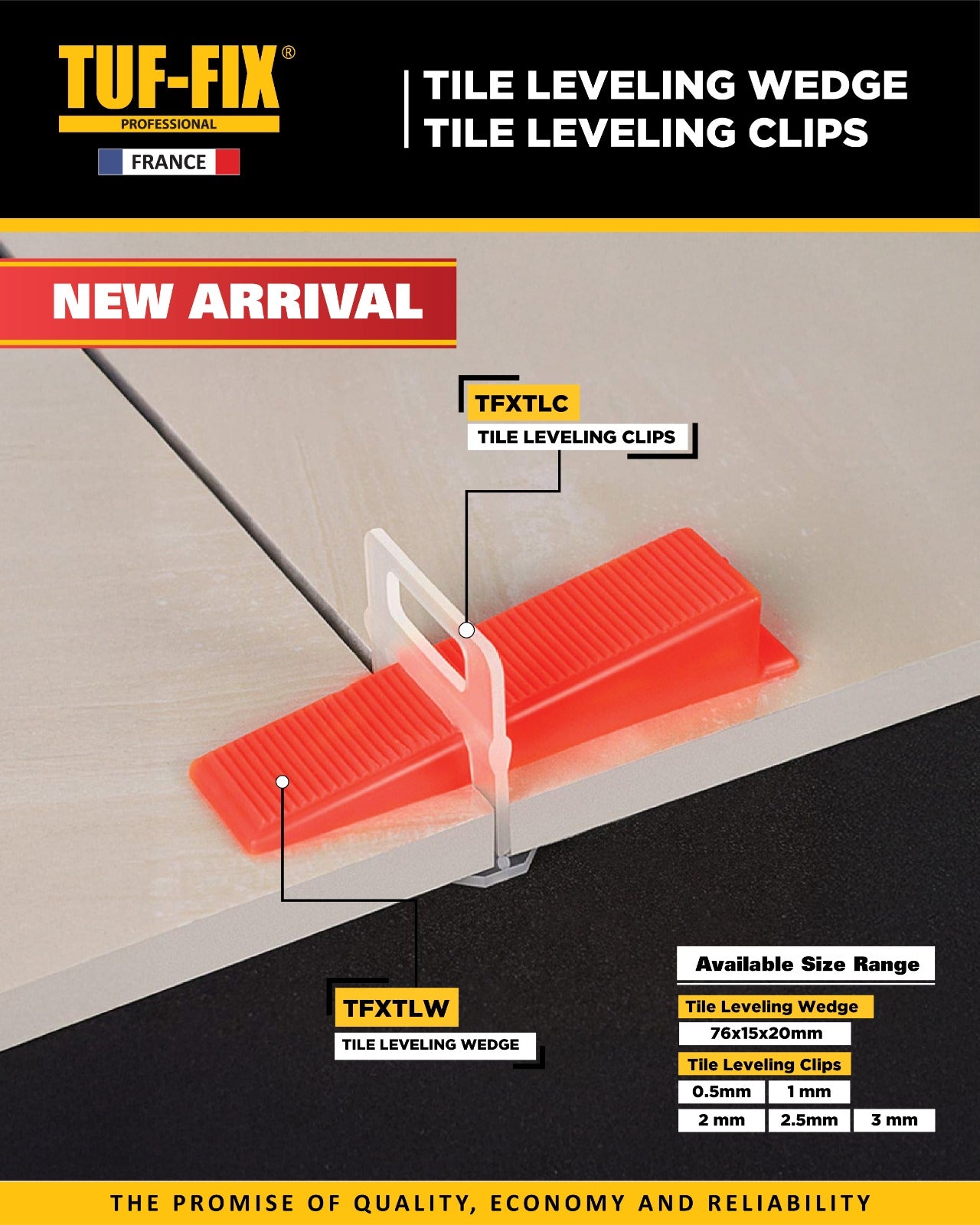 Advertisement for TUF-FIX tile leveling wedge and clips with product details on a gray background.
