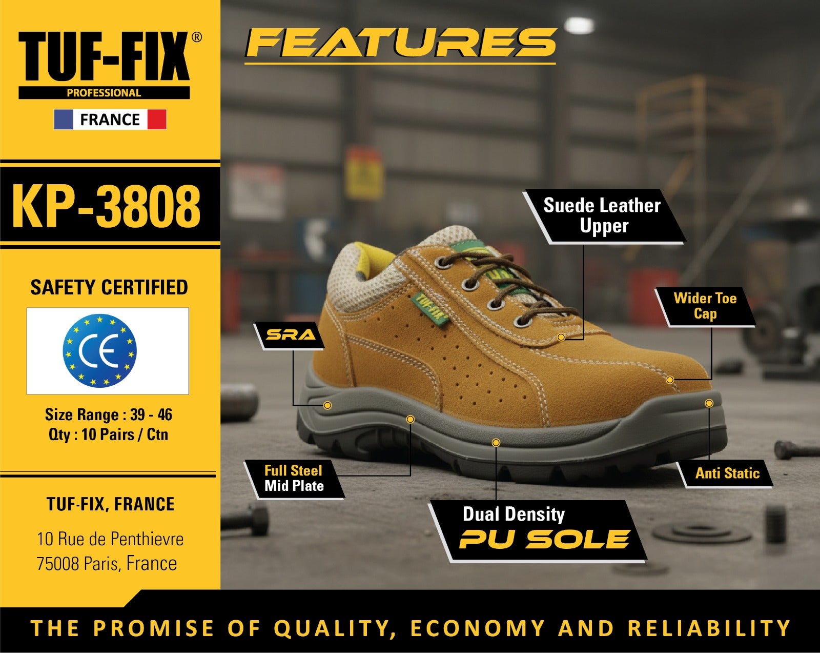 Safety shoe with features highlighted on a blurred warehouse background, featuring TUF-FIX branding.