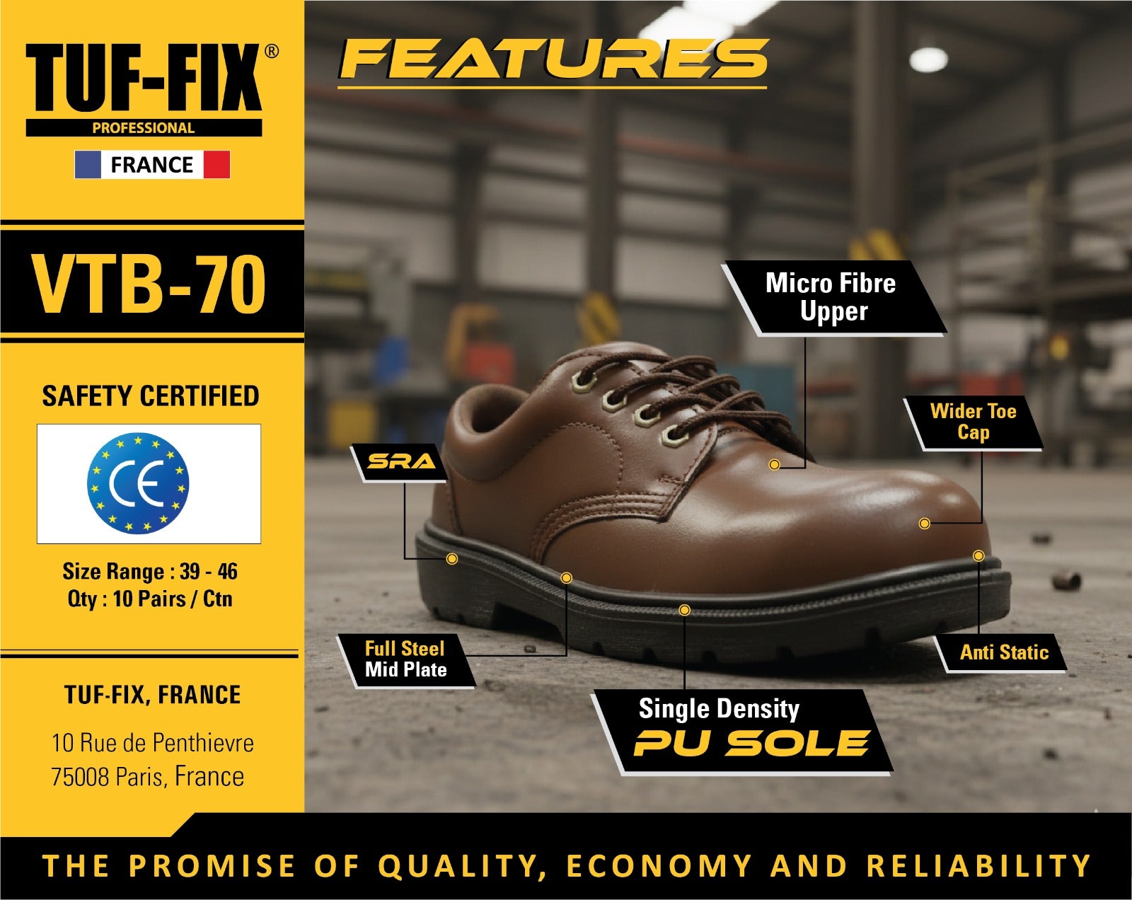 Brown safety shoe with features highlighted on a blurred warehouse background, featuring TUF-FIX branding.