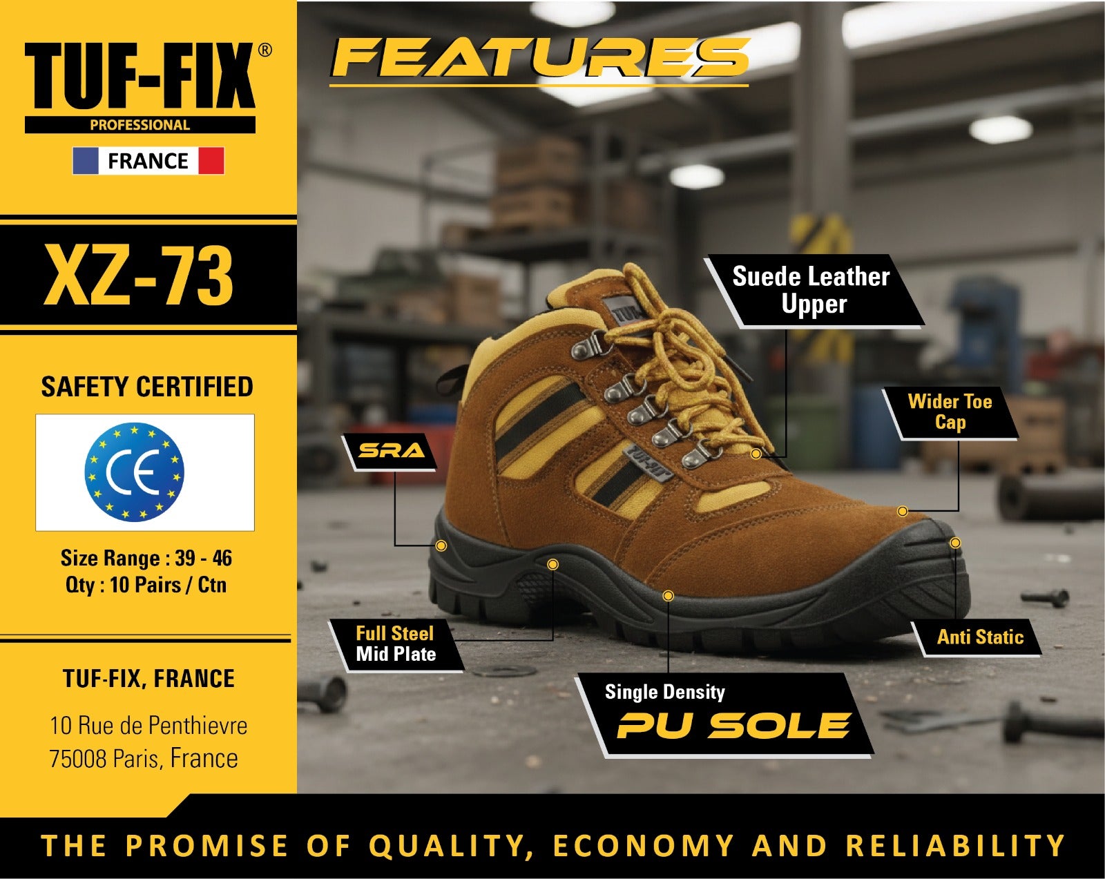 Brown safety boot with features highlighted on a blurred warehouse background, featuring TUF-FIX branding.