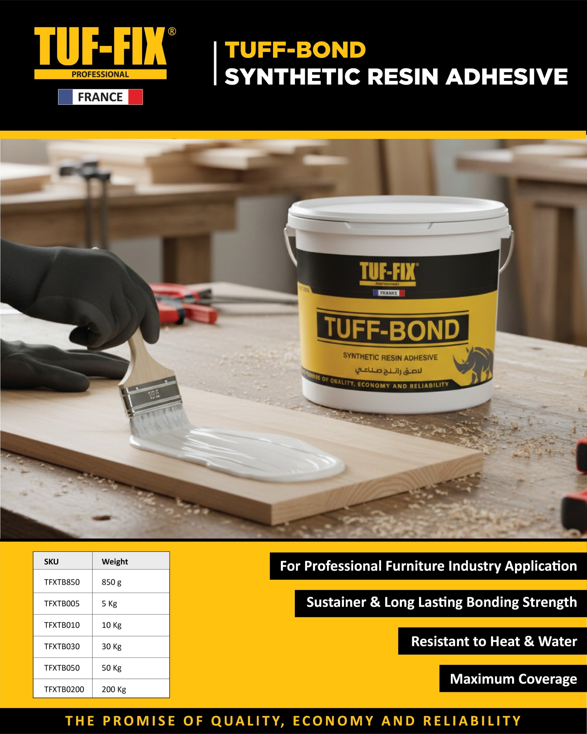 Tuf-Fix Tuff-Bond synthetic resin adhesive in a white plastic bucket with a black and yellow label, shown next to a person applying adhesive with a brush to a wooden board in a workshop setting. The image includes a black and yellow header and footer with product information and a weight table.