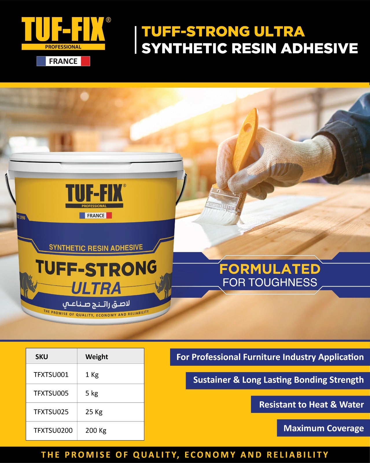 Tuf-Fix Ultra Synthetic Resin Adhesive bucket shown alongside a worker applying adhesive with a brush on a wooden surface. The image includes promotional text, a weight table, and branding for Tuf-Fix Professional France.
