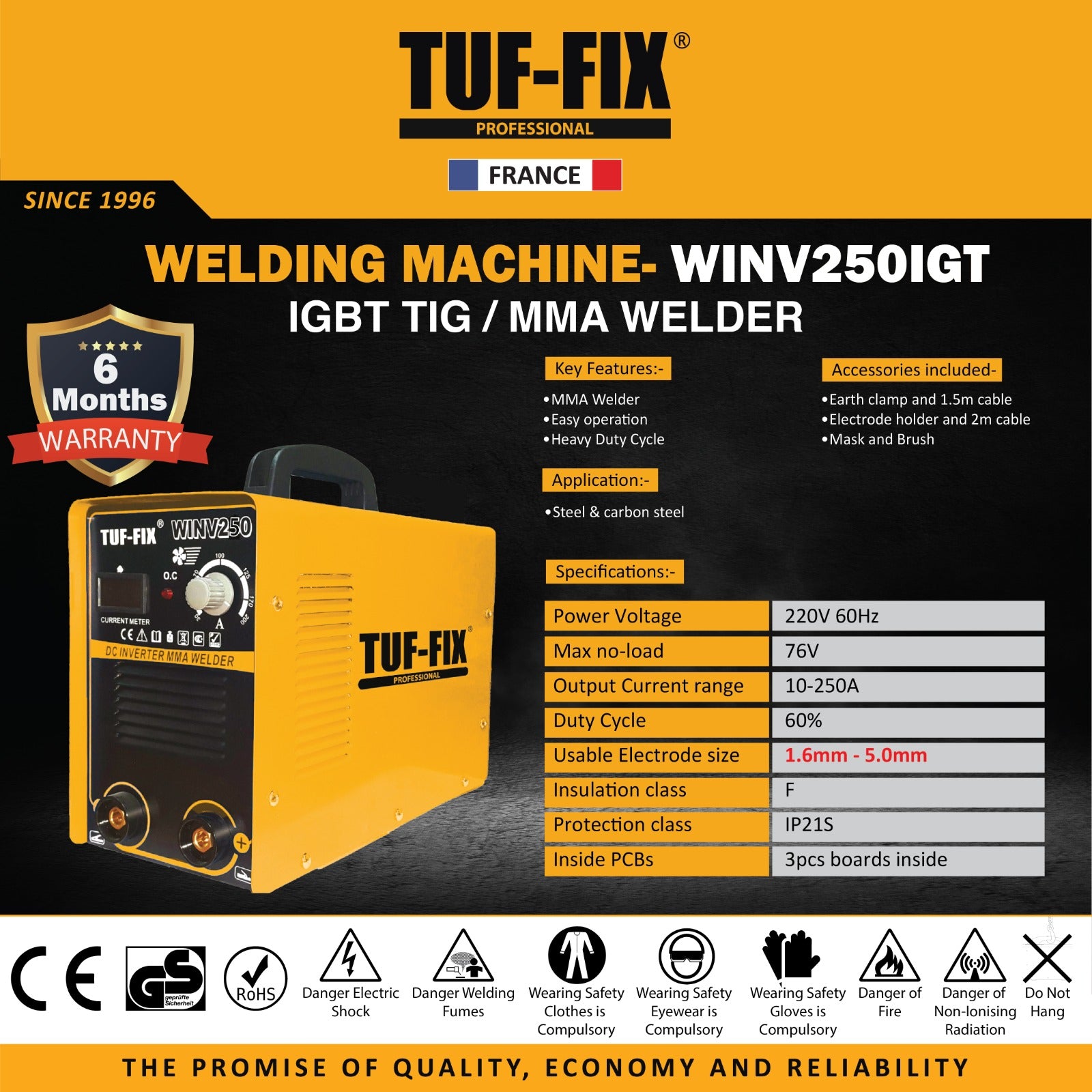 TUF-FIX welding machine with specifications and features on a dark background