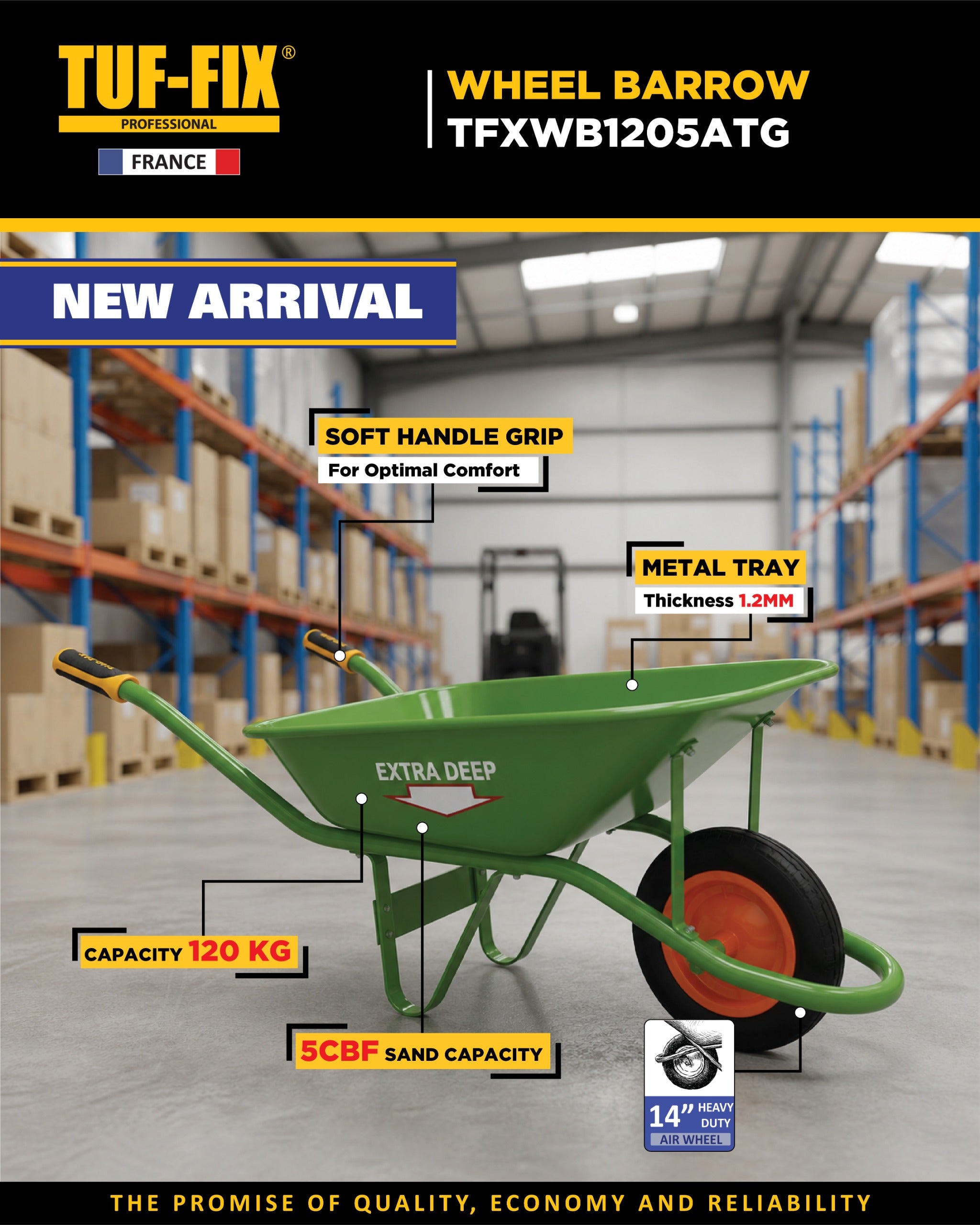 Green wheelbarrow with features highlighted in a warehouse setting, branded as TUF-FIX.