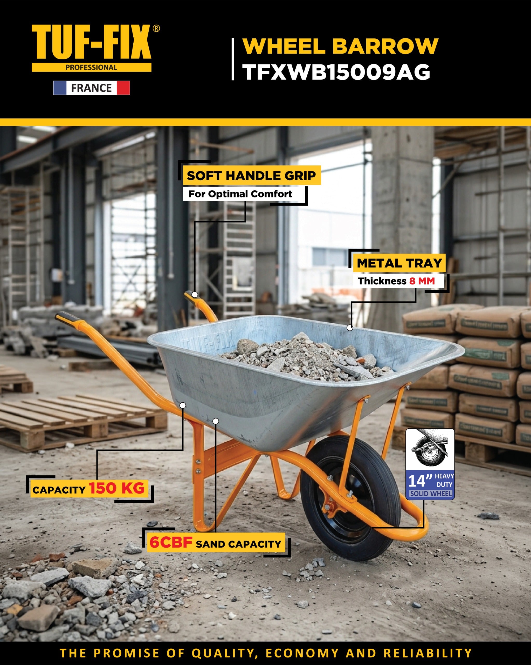 Tuf-Fix Professional wheelbarrow TFXWB15009AG in a construction site setting, featuring an orange frame and a gray metal tub filled with gravel. The image includes feature callouts for soft handle grip, metal tray thickness, capacity, and sand capacity.