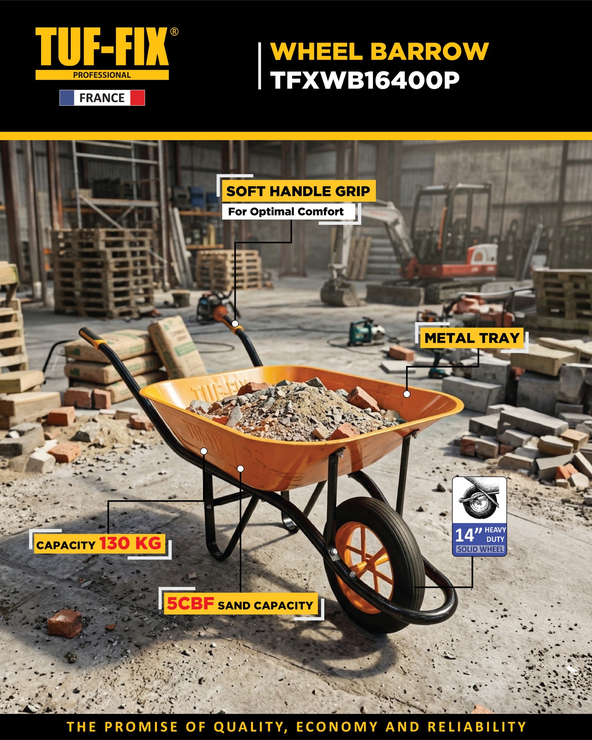 Tuf-Fix Professional wheel barrow TFXWB16400P in orange and black, shown on a construction site background with feature callout labels including soft handle grip, metal tray, capacity 130 kg, and SCB sand capacity.