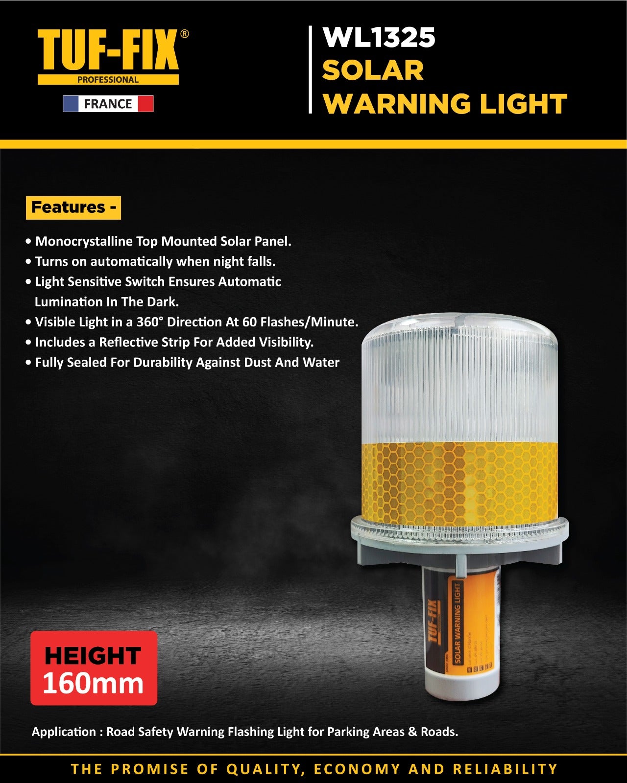 TUF-FIX solar warning light with features listed on a dark background