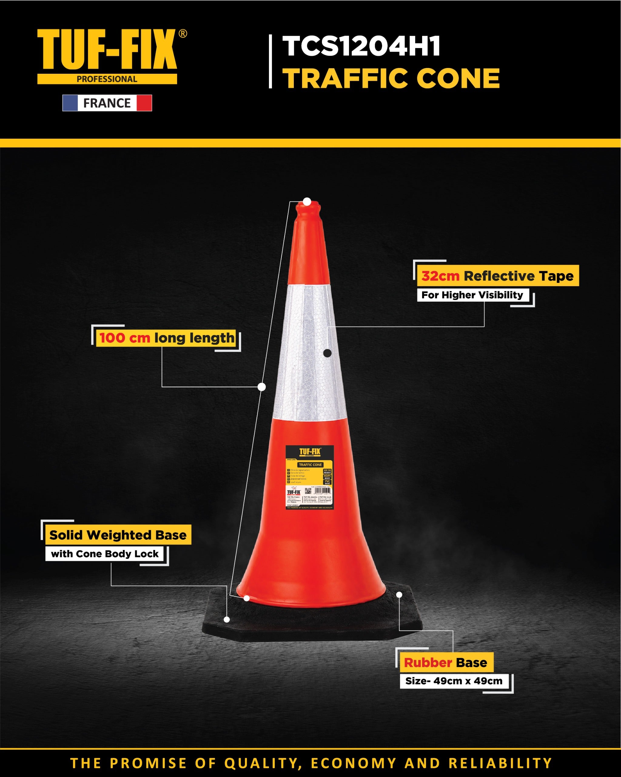 TUF-FIX traffic cone with features highlighted on a dark background