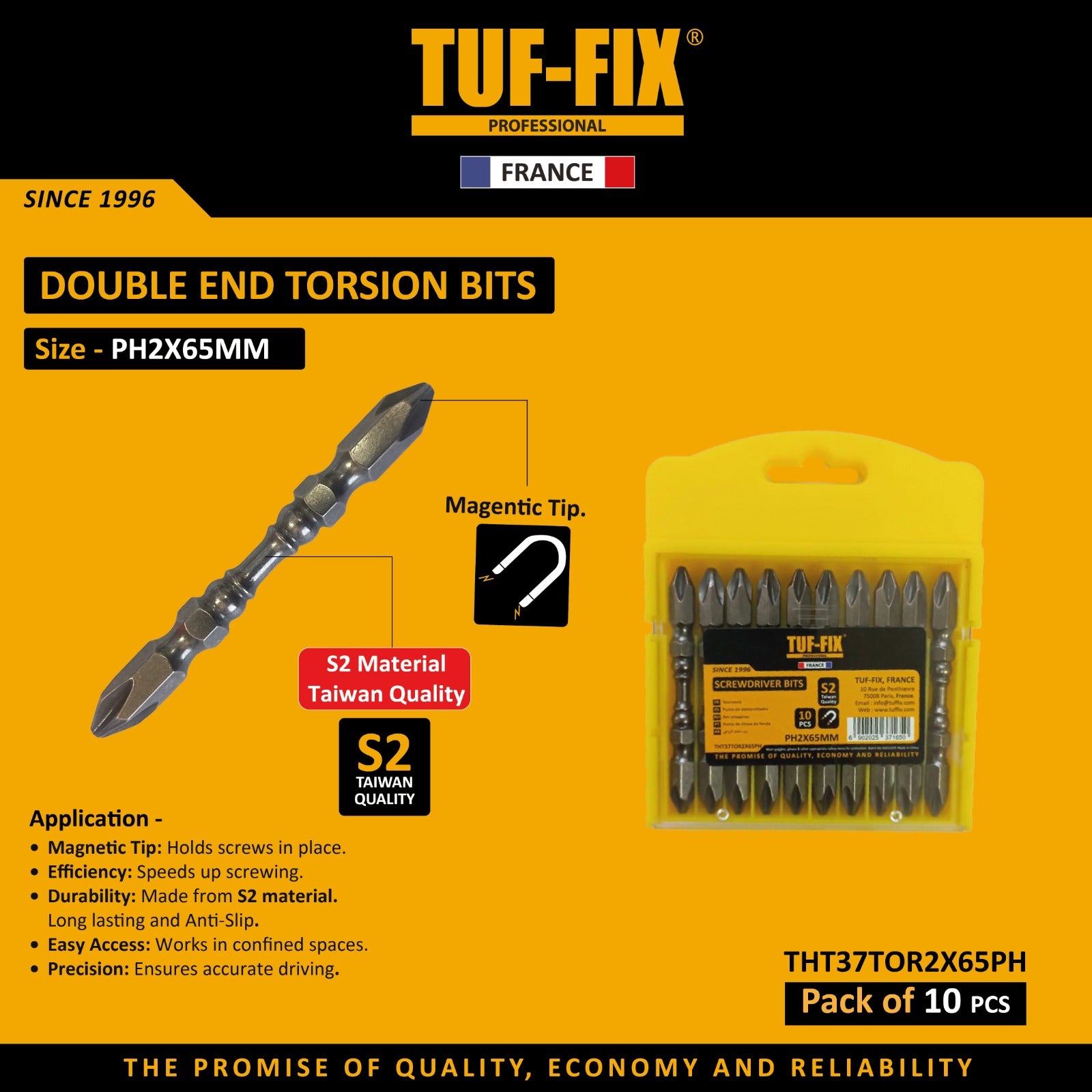 TUF-FIX double end torsion bits packaging with product details on a yellow background