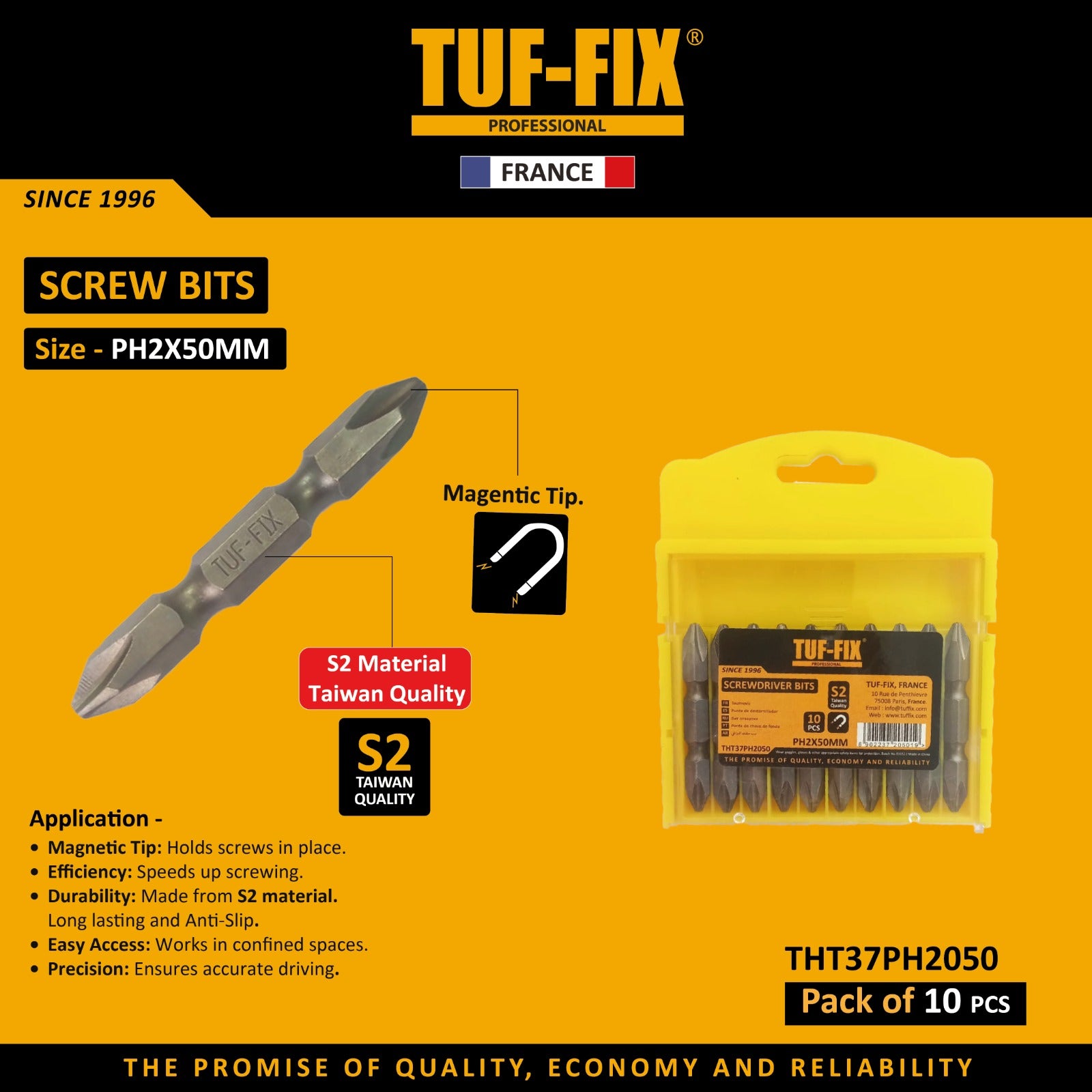 TUF-FIX screw bit packaging with product details on a yellow background