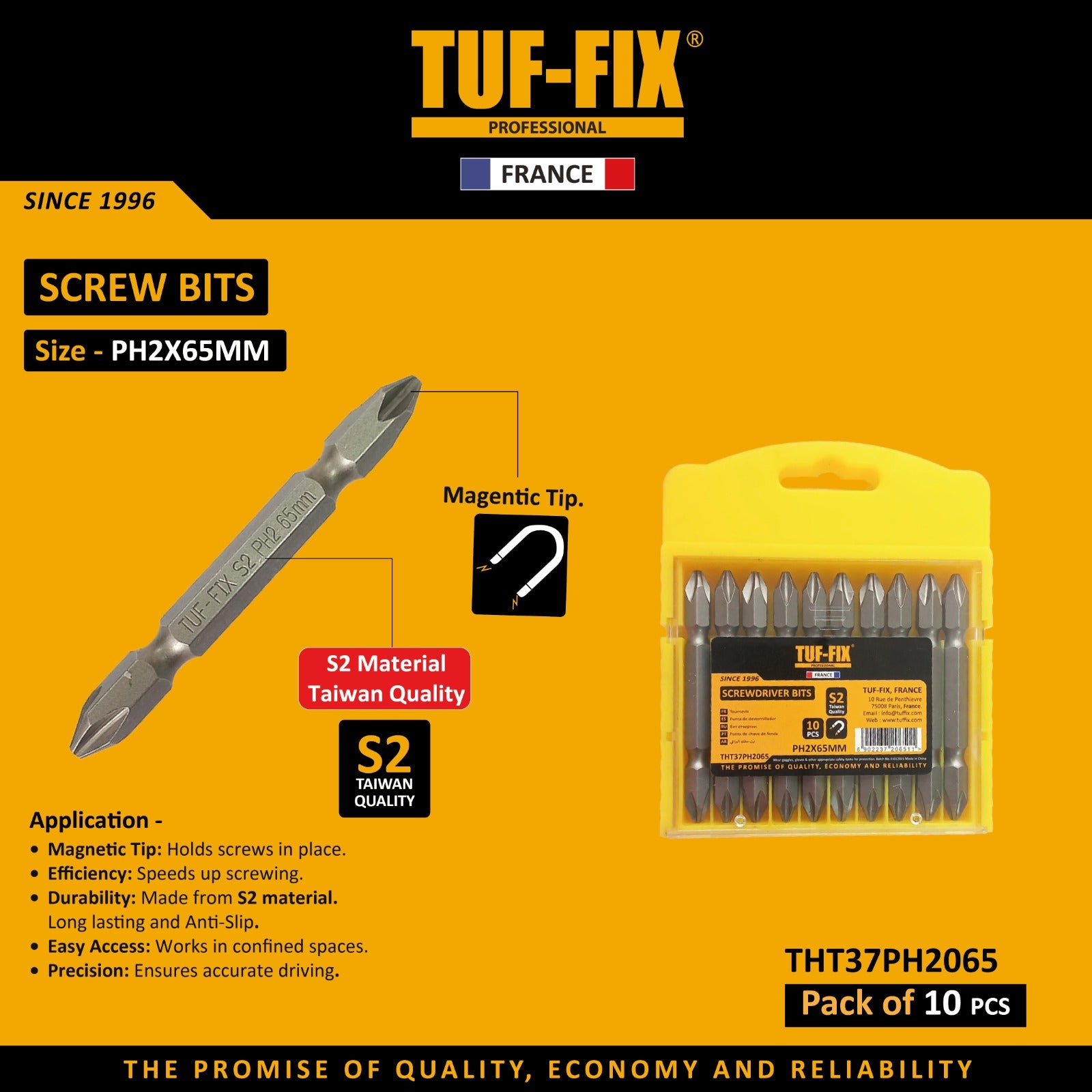 TUF-FIX screw bit set packaging with detailed specifications on a yellow background